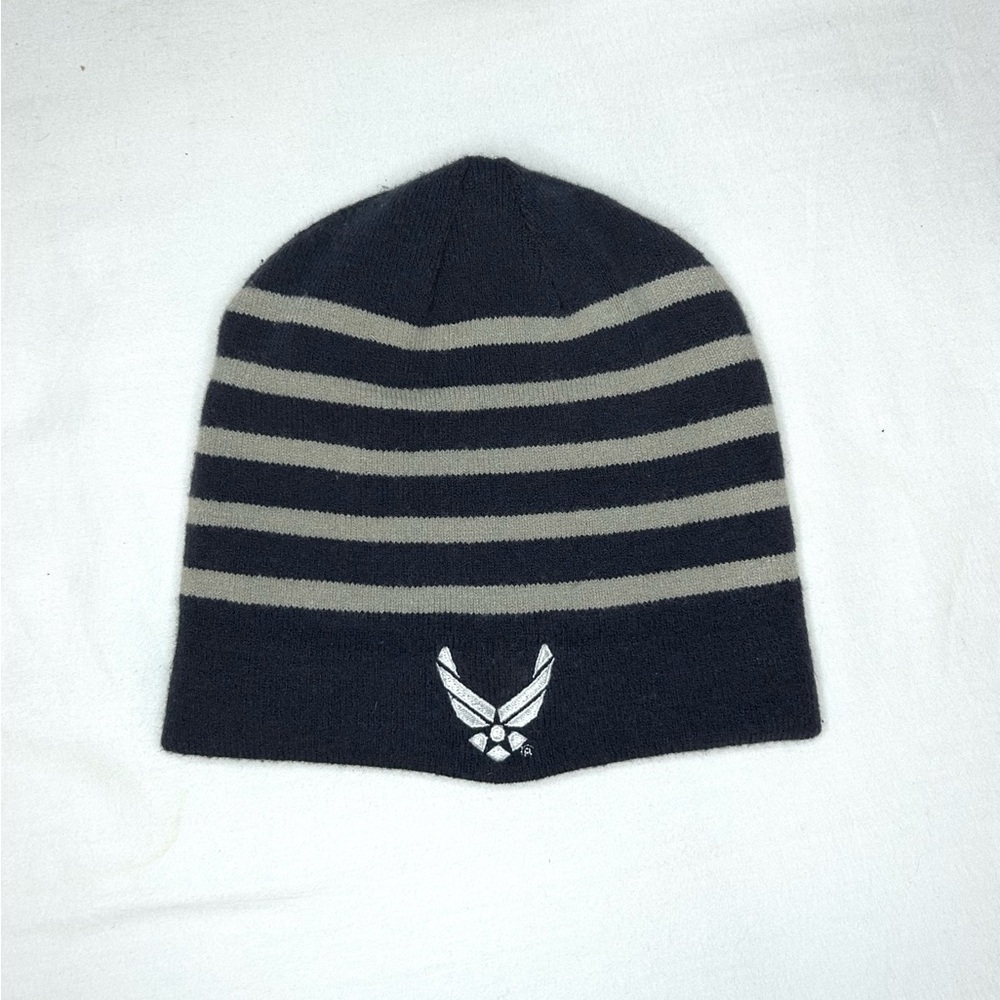 Nike‎ Air Force Hat Beanie Knit Mens One Size Blue Gray Striped USA Soft Winter